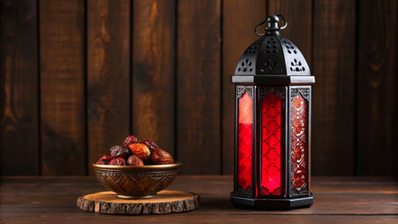 Ramadan Kareem greeting card. Islamic lantern with dates fruit on wooden backgroundの素材