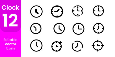 Clock icons set. Outline vector icon set on white background.の素材