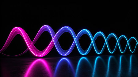 3d rendering. Abstract neon blue and pink lines on black background.の素材