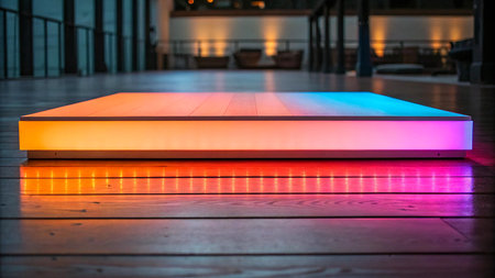 Colorful LED light on the wooden floor in the restaurant. Abstract background.の素材