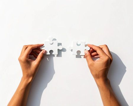 Hands connecting two white jigsaw puzzle pieces on a white backgroundの素材