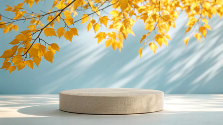 Empty podium for product presentation with autumn leaves. Mock up, 3D Renderingの素材