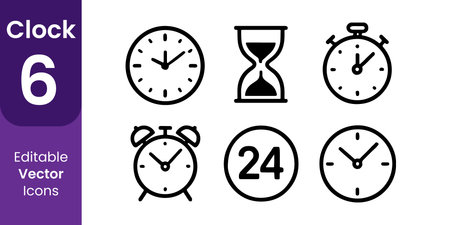 Time icon set. Clock and hourglass, timer, stopwatch, countdown, deadline, timer, time management, vector illustrationの素材