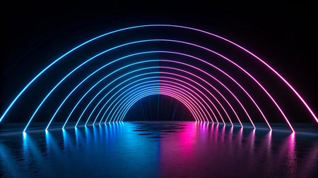 3D abstract background with neon lights. neon tunnel. 3d renderの素材