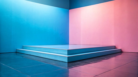 Podium in a modern gallery. Blue and pink neon light.の素材