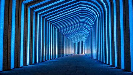 Blue neon tunnel with light, 3d rendering. Computer digital drawing.の素材