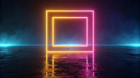Neon square frame with reflection on the water. 3D renderingの素材