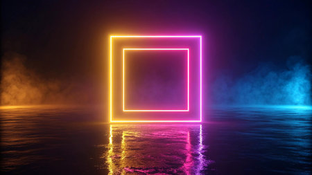 Neon square frame on dark background with reflection in water. 3d renderingの素材