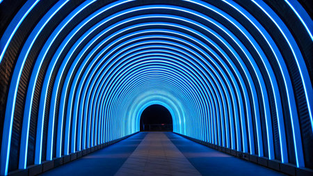 Blue neon light tunnel at night. Abstract background. Long exposure.の素材
