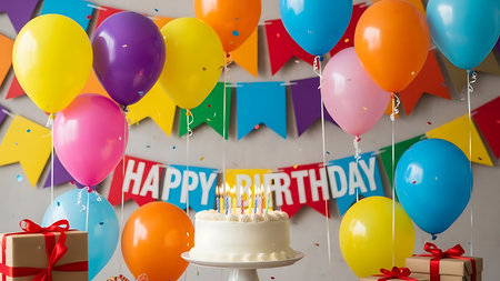 Birthday cake with candles, gifts and colorful balloons on white backgroundの素材