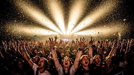 Cheering crowd at a music festival with confetti and bright beamsの素材