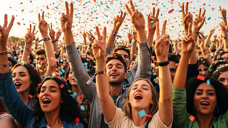 Group of happy young people with confetti having fun at music festivalの素材