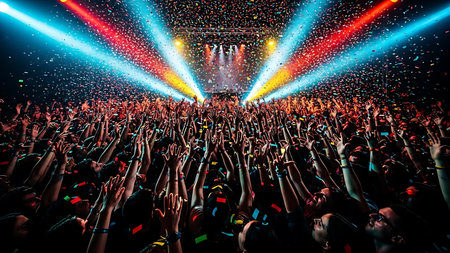 Concert crowd in front of a bright stage with lights and smokeの素材