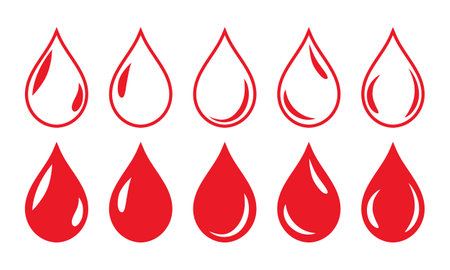 Blood drop symbol icon with shine set of five in red color with fill and outline. Blood drop shape. Blood drops set  isolated on white background.のイラスト素材