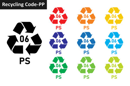 PS plastic recycling code icon set. Mobius Strip Plastic recycling symbol 06 PS. Plastic recycling code 06 icon collection in ten colors. Set of plastic recycling code symbol icon.のイラスト素材