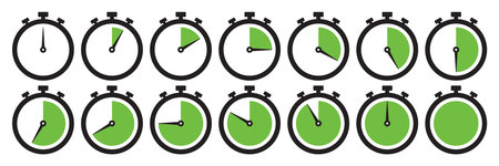 Clock icon set in light green color. Stopwatch symbol set. Countdown clock stopwatch, timer vector illustation. Collection of timer icon set in light green color on white bg.のイラスト素材
