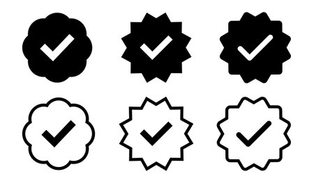 Black tick verified symbol icon set with fill and stroke. Tick, right, v, verification symbol. accept, vote, choice symbol for use in apps, profiles and bio.のイラスト素材