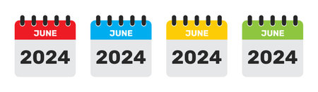 June 2024 calendar in four different colors. 2024 june calendar icon set in red, blue, yellow and green color. June month flat calender icon set isolated on white background.のイラスト素材