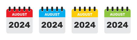 August 2024 calendar in four different colors. 2024 august calendar icon set in red, blue, yellow and green color. August month flat calender icon set isolated on white background.のイラスト素材