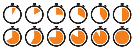 Stopwatch icon set in orange color. Stopwatch symbol set. Collection of timer icon set in orange color on white background. Countdown clock stopwatch, timer vector illustation.のイラスト素材