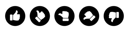 Rating and feedback scale with thumb symbol black. Excellent, good, average, poor, bad rating thumb icon set. Satisfied, dissatisfied and neutral review icons for voting and surveyのイラスト素材