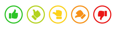 Rating and feedback scale with thumb symbol in green, yellow and red color outline. Excellent, good, average, poor, bad rating thumb icon set. Satisfied, unsatisfied, neutral surveのイラスト素材