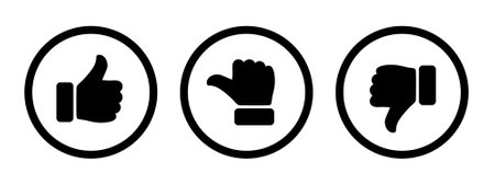 Like, dislike and neutral thumb symbols in black circle outline. Feedback and rating thumbs up and thumbs down icon set. Thumbs up, down and sideways symbols isolated.のイラスト素材