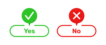 Right and Wrong symbols with True and False buttons in green and red color. True and False buttons with right and wrong symbols. Check box icon with tick and cross symbols.のイラスト素材
