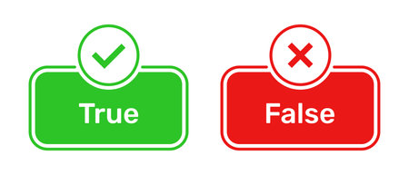 True or False buttons with right and wrong symbols. Check box icon with right and wrong symbols with true and false button icons in green and red box isolated on white background.のイラスト素材