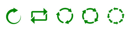 Circular recycling symbol set in green color. Circle recycle arrow icon set. Circular recycle, reuse, reload, refresh, repeat icon set in green color isolated on white background.のイラスト素材