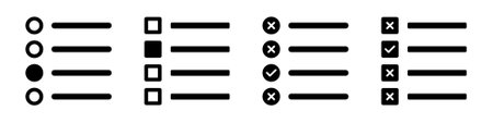 Tick the correct option quiz vector illustration in black color. Online exam quiz test with checkmark icons. To do list with checkboxes right wrong symbols in black color isolated.のイラスト素材