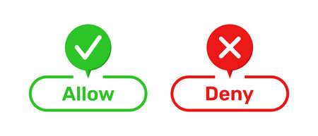 Right and Wrong symbols with Allow and Deny buttons in green and red color. Allow and Deny buttons with right and wrong symbols. Tick and cross symbols with allow and deny buttons.のイラスト素材