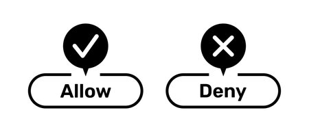 Right and Wrong symbols with Allow and Deny buttons black color. Allow and Deny buttons with right and wrong symbols. Tick and cross symbols with allow and deny buttons.のイラスト素材