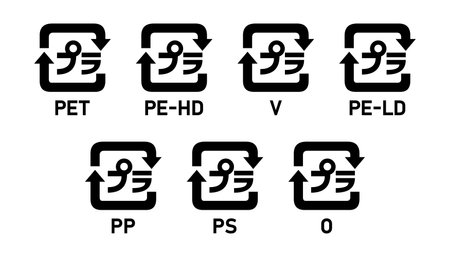 Japanese plastic recycling codes 1-7. Set of  Japanese plastic recycling code symbol icons PET, PE-HD, V, PE-LD, PP, PS, O. Japan plastic recycle mark icon set 01-07.のイラスト素材