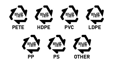 South Korean plastic recycling code icon set 01-07. Set of Korean plastic recycling code symbol icons PETE, HDPE, PVC, LDPE, PP, PS, OTHER. South Korean plastic recycle marks 1-7.のイラスト素材