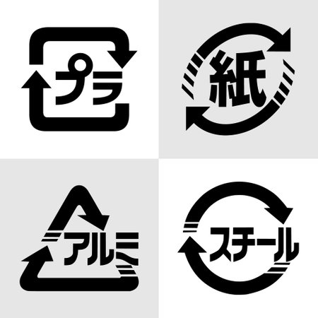Japanese recycling Icon Set- Plastic, Paper, Aluminium and Steel. Set of Japanese recycling symbols plastic, paper, aluminium and steel. Japanese recycling symbols for packaging.のイラスト素材