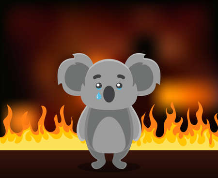 animal koala on fire. sad koala crying, burning forest of Australia. environmental issues of planet Earthのイラスト素材