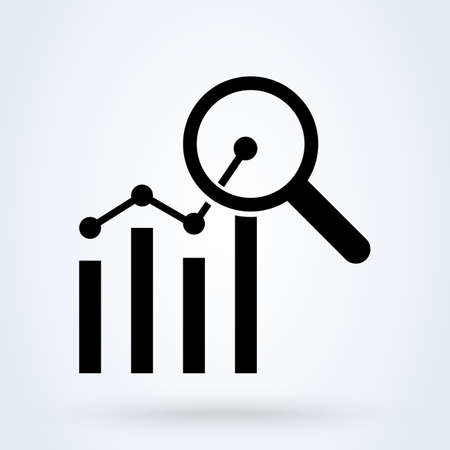 Analytics charts and magnifier vector icon. Progress graph. Financial analytics symbol. Marketing, Sales analytics illustration. Business performance indicators conceptのイラスト素材