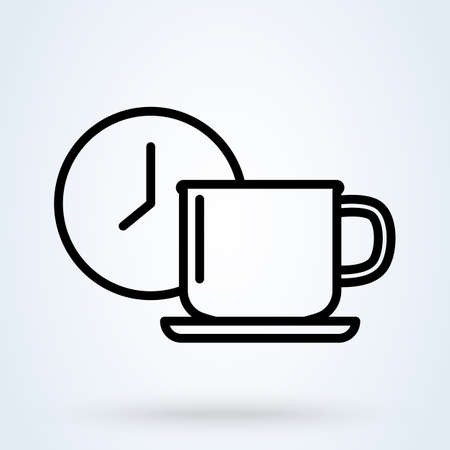 Coffee or tea cup with clock symbol. Coffee time illustration. Coffee break, rest sign. Mug with clock illustration for perfect web, app and logo design.のイラスト素材