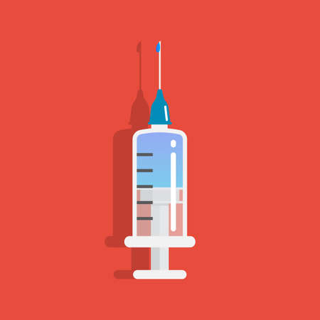 Empty syringe for injection, syringe with blue vaccine. Drop and vial in flat style. Vector illustration

のイラスト素材