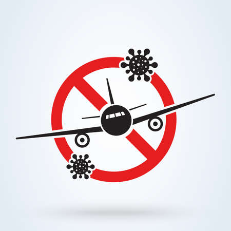 Airplane with virus. Prohibition of flights on an airplane due to coronavirus. Vector illustrationのイラスト素材