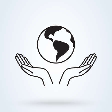 Two hands holding Earth icon. Vector illustration line artのイラスト素材
