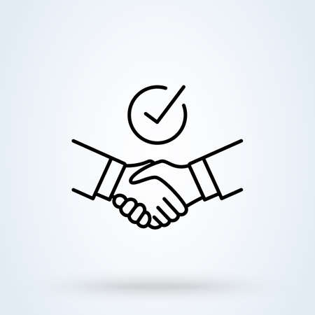 Handshake Shield Check Mark sign line icon or logo. Commitment thin concept. Trust Commitment Business vector linear illustration.のイラスト素材