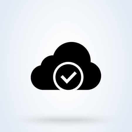Clouds with check sign icon or logo. Software update process completed concept. Approved Cloud Computing vector illustration.のイラスト素材