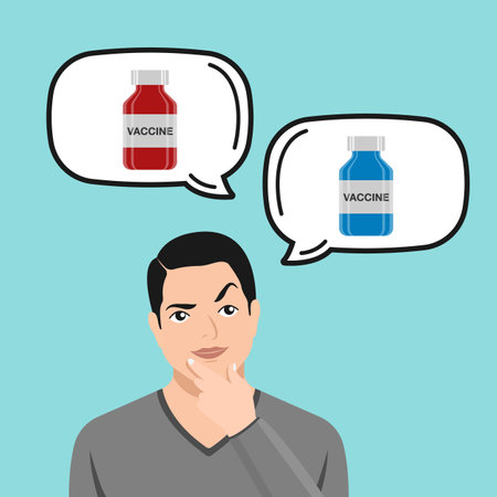Red and blue vaccine vector illustration. Choice metaphor. Vaccine question decision stageのイラスト素材