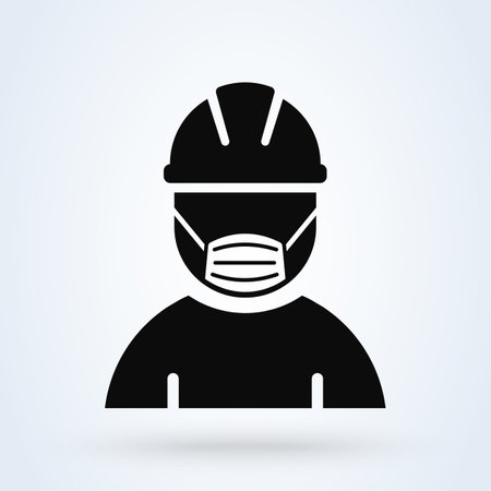 worker man and face masks sign icon or logo. Protection wear from coronavirus. Man in face mask app illustration.のイラスト素材