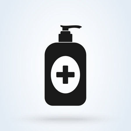 Hand sanitizer or Washing alcohol gel icon or logo. Liquid soap Disinfection concept. Sanitizer in bottle with pump dispenser and drops vector app illustration.のイラスト素材