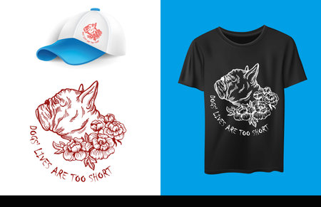 dog print on t-shirt, baseball cap and flowers vector illustrationの写真素材