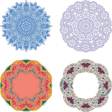 Decorative circle illustration frames for design with floral ornaments. Templates for printing postcards, invitations, books, for textiles, engraving, wooden furniture, forging etc.のイラスト素材