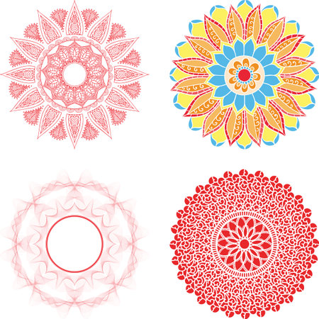 Decorative circle illustration frames for design with floral ornaments. Templates for printing postcards, invitations, books, for textiles, engraving, wooden furniture, forging etc.のイラスト素材